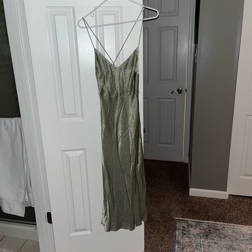Sage green silk spaghetti strap midi dress